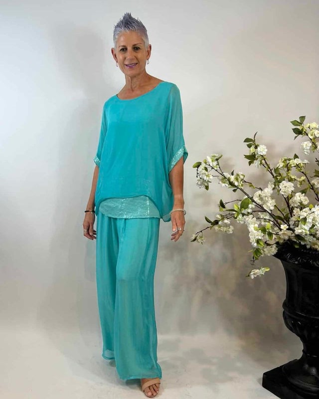 La Strada Silk Over Cape in Cobalt, shown with sequin trim singlet top